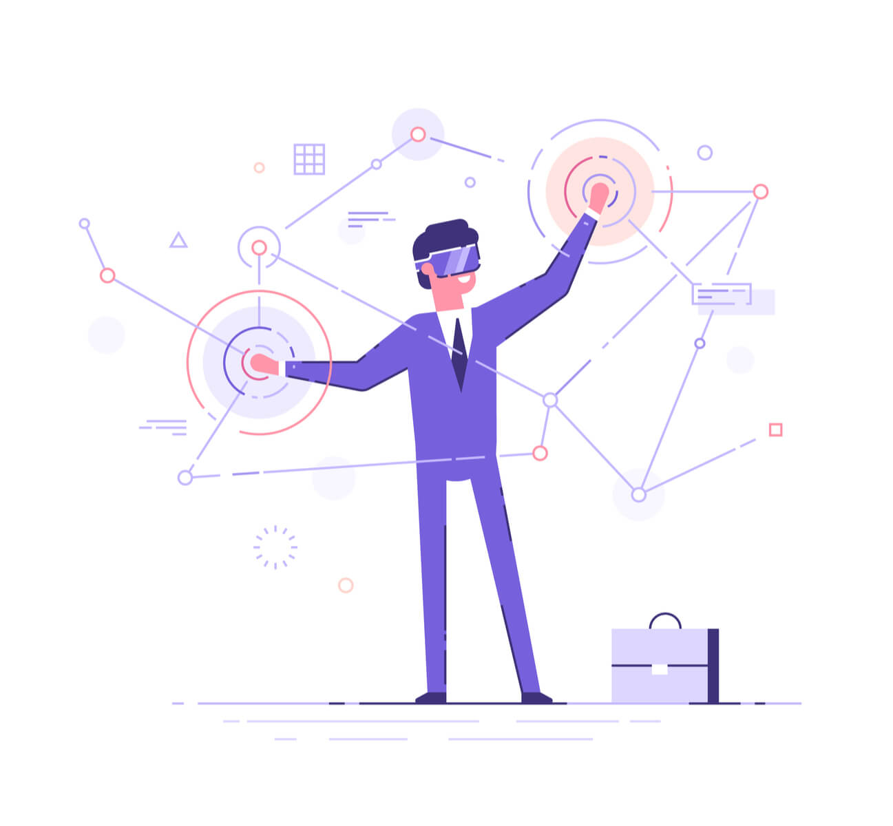 Un uomo che ha gli occhi coperti e tocca con le mani uno schermo virtuale